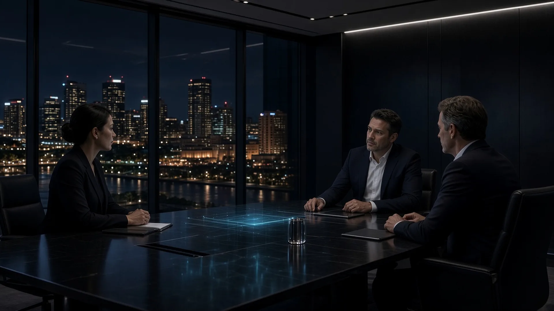 EITSAA consultants meeting a client in a boardroom overlooking the Adelaide skyline at night